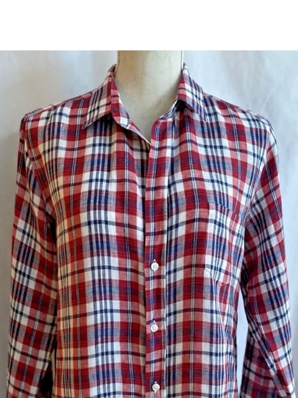 Frank & Eileen Shirt plaid button up shirt blouse 100% Linen Size Medium Classy